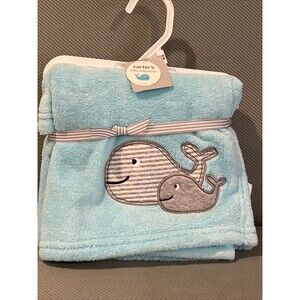Carter's Aqua blue Plush Fleece Baby Blanket/Lovey Gray Whales Applique Soft VTG